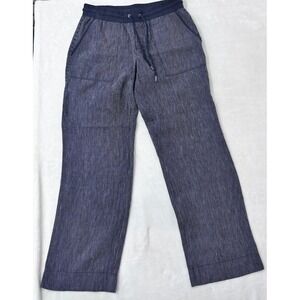 Athleta Sz 8 Pants Linen Bali Trouser Navy Blue Stripe Straight Leg Pull On 0687